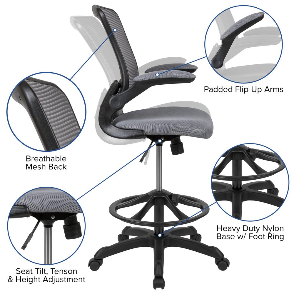 MidBack Dark Gray Mesh Ergonomic Drafting Chair with Adjustable Foot Ring and Flip-Up Arms. Picture 3