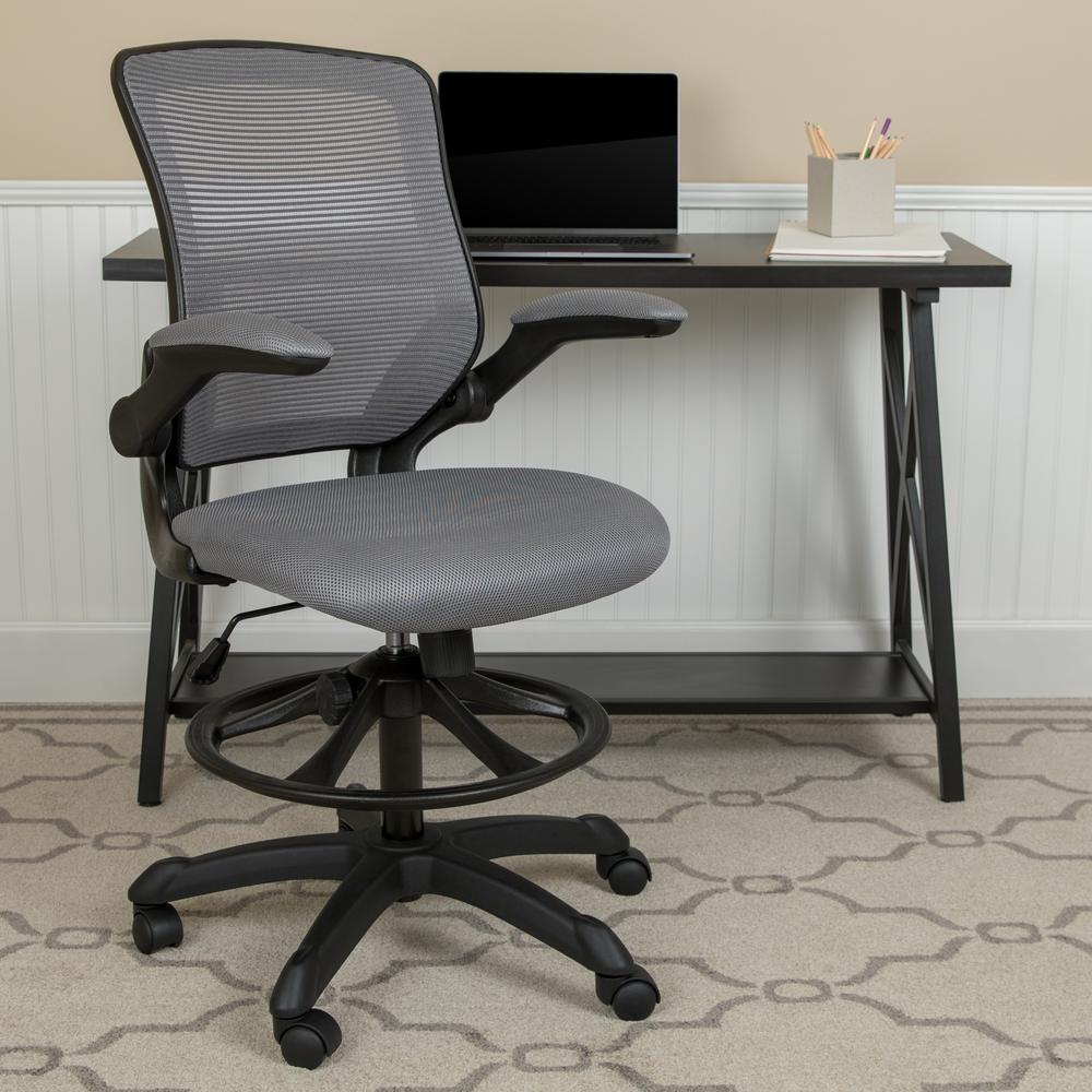 Mid-Back Dark Gray Mesh Ergonomic Drafting Chair with Adjustable Foot Ring and Flip-Up Arms. Picture 11
