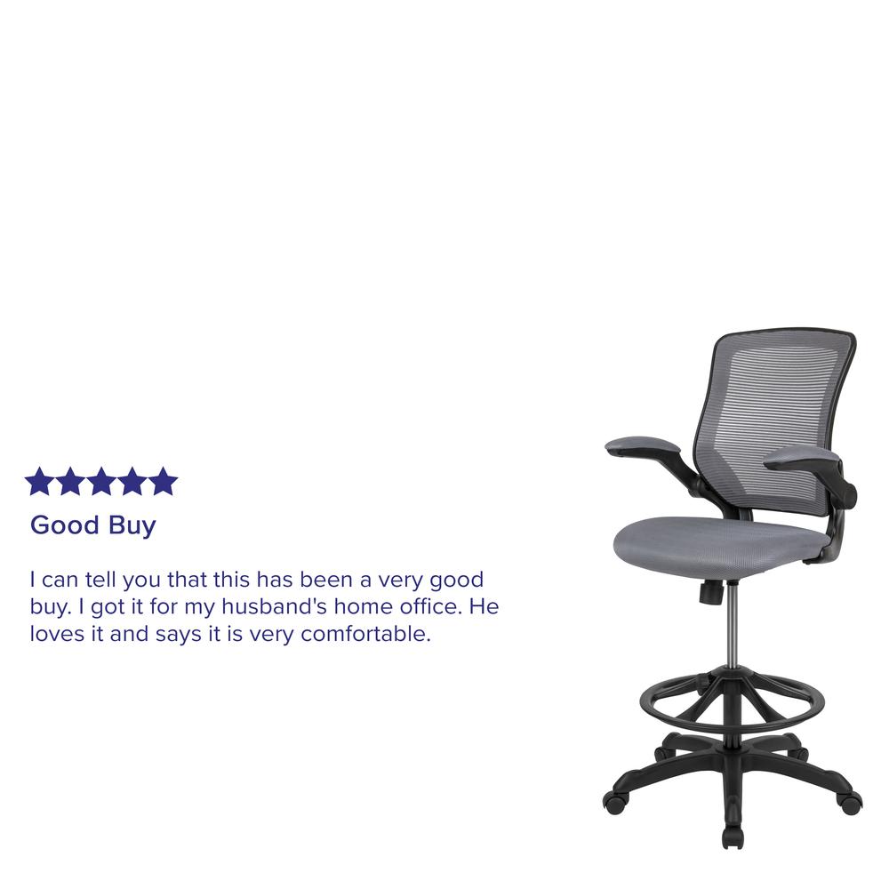 Mid-Back Dark Gray Mesh Ergonomic Drafting Chair with Adjustable Foot Ring and Flip-Up Arms. Picture 12