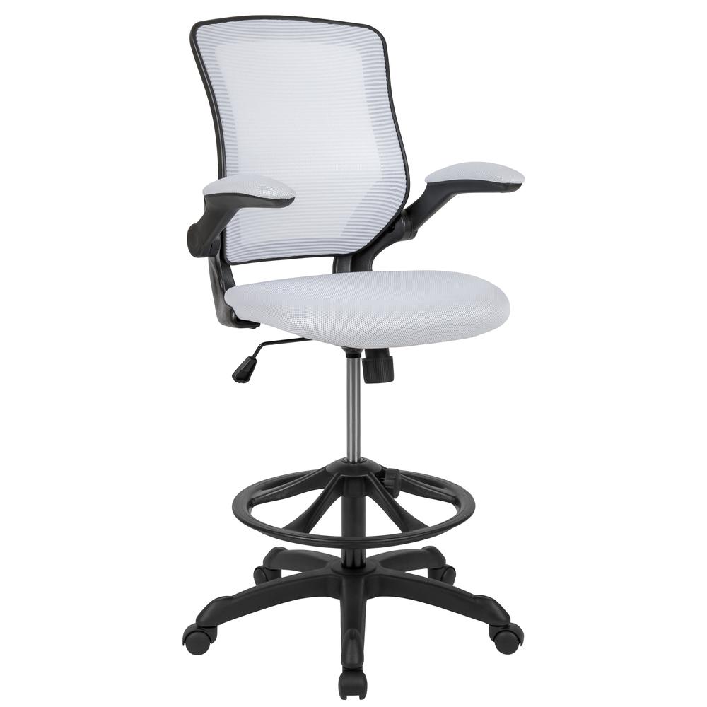 Mid-Back White Mesh Drafting Chair with Adjustable Foot Ring and Flip-Up Arms. Picture 1