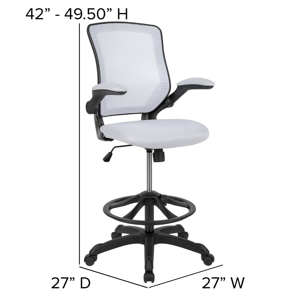 Mid-Back White Mesh Drafting Chair with Adjustable Foot Ring and Flip-Up Arms. Picture 4