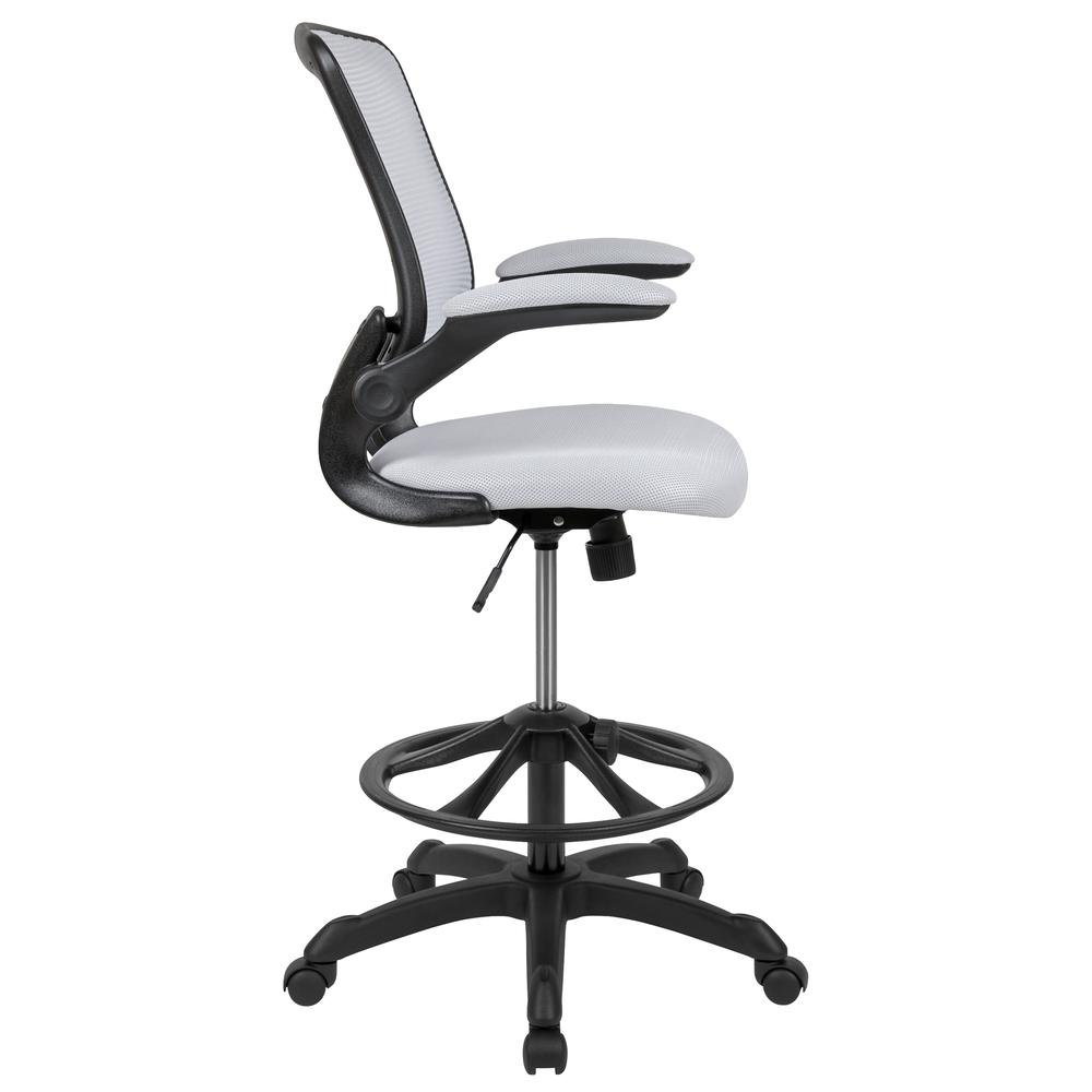 Mid-Back White Mesh Ergonomic Drafting Chair with Adjustable Foot Ring and Flip-Up Arms. Picture 3