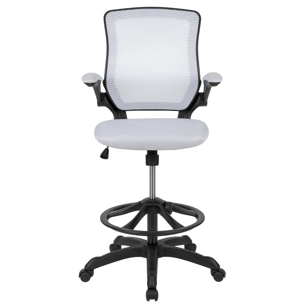 Mid-Back White Mesh Ergonomic Drafting Chair with Adjustable Foot Ring and Flip-Up Arms. Picture 5