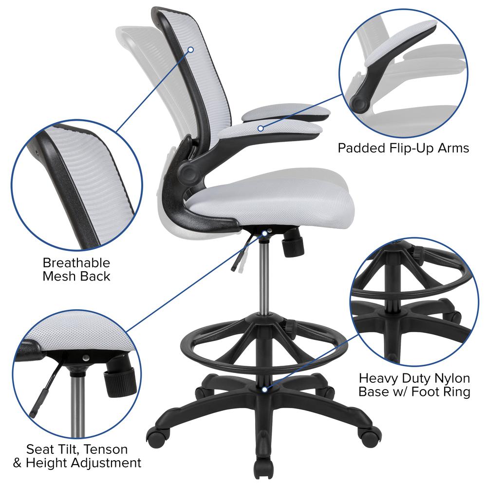 Mid-Back White Mesh Ergonomic Drafting Chair with Adjustable Foot Ring and Flip-Up Arms. Picture 6
