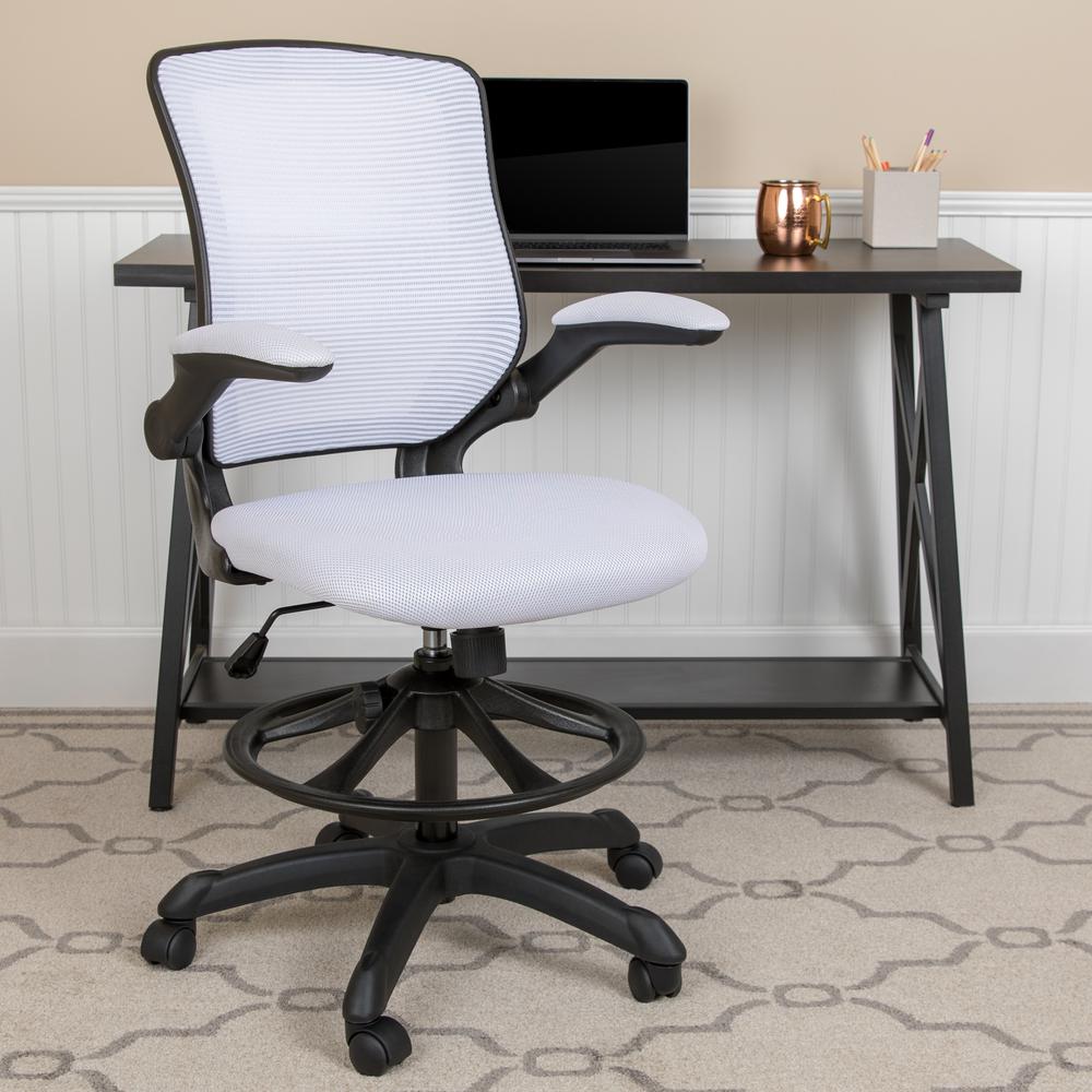 Mid-Back White Mesh Ergonomic Drafting Chair with Adjustable Foot Ring and Flip-Up Arms. Picture 11