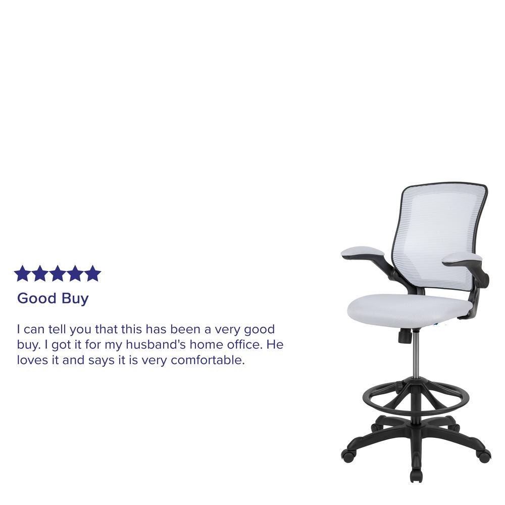 Mid-Back White Mesh Ergonomic Drafting Chair with Adjustable Foot Ring and Flip-Up Arms. Picture 12