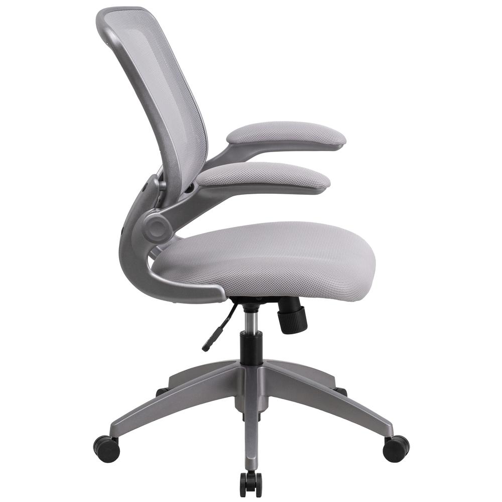 Mid-Back Gray Mesh Swivel Ergonomic Task Office Chair with Gray Frame and Flip-Up Arms. Picture 3