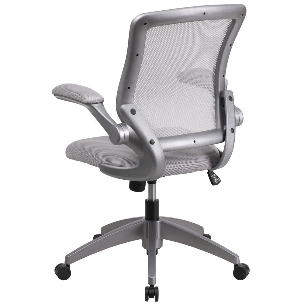 Mid-Back Gray Mesh Swivel Ergonomic Task Office Chair with Gray Frame and Flip-Up Arms. Picture 4