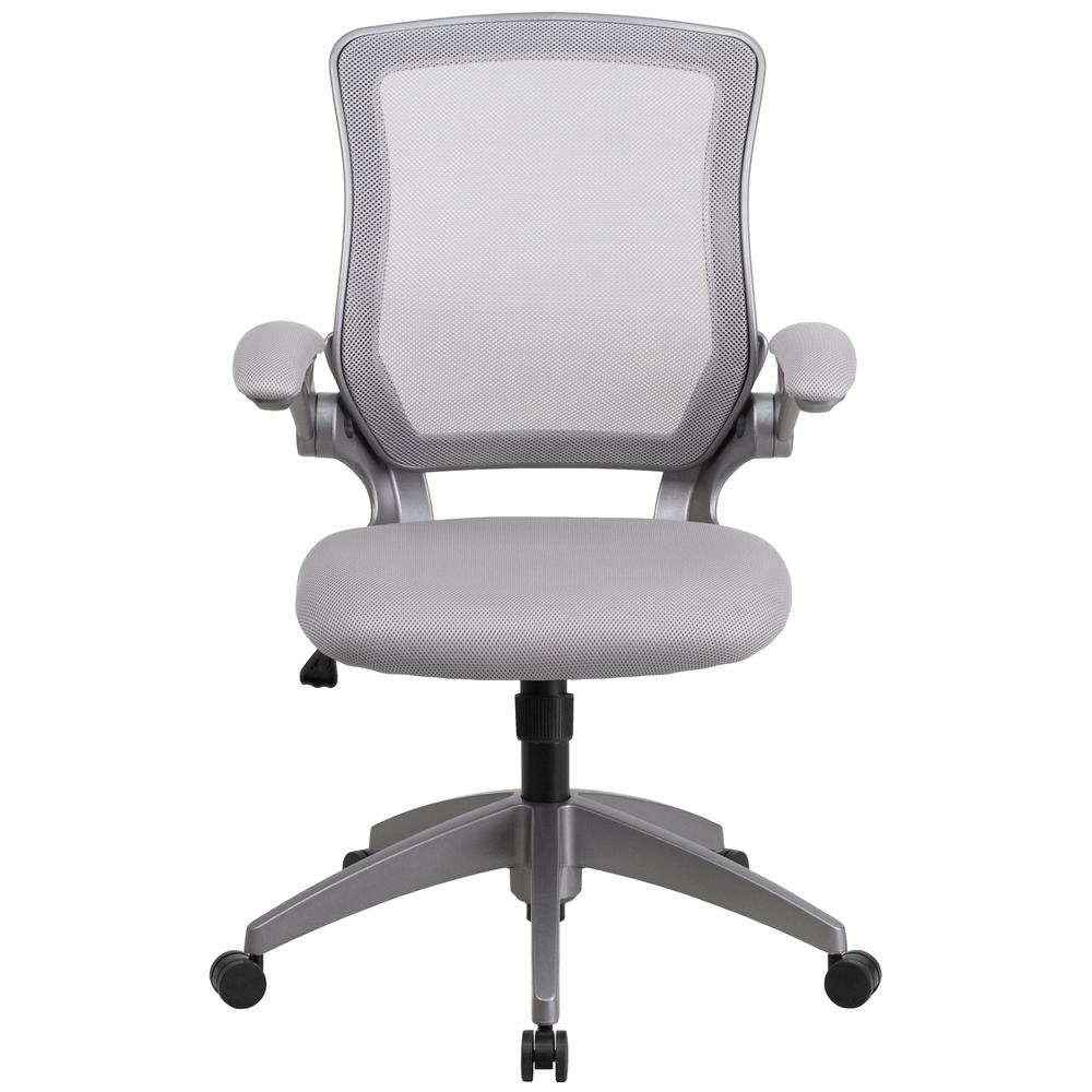 Mid-Back Gray Mesh Swivel Ergonomic Task Office Chair with Gray Frame and Flip-Up Arms. Picture 5
