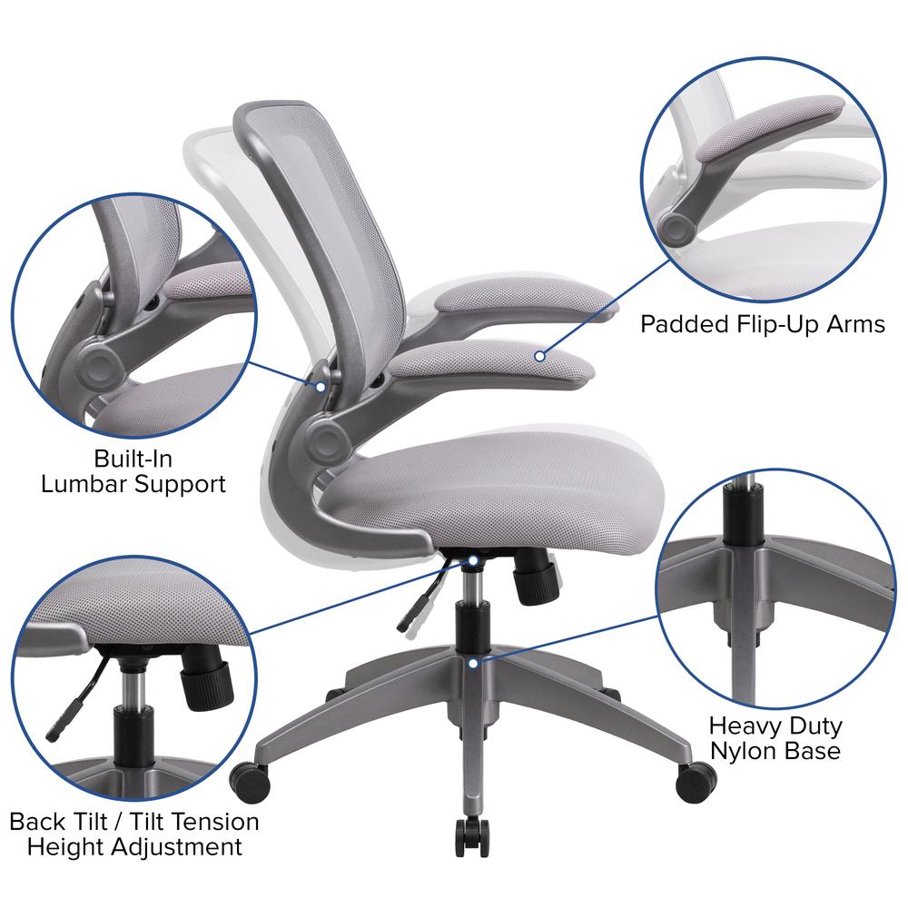 Mid-Back Gray Mesh Swivel Ergonomic Task Office Chair with Gray Frame and Flip-Up Arms. Picture 6