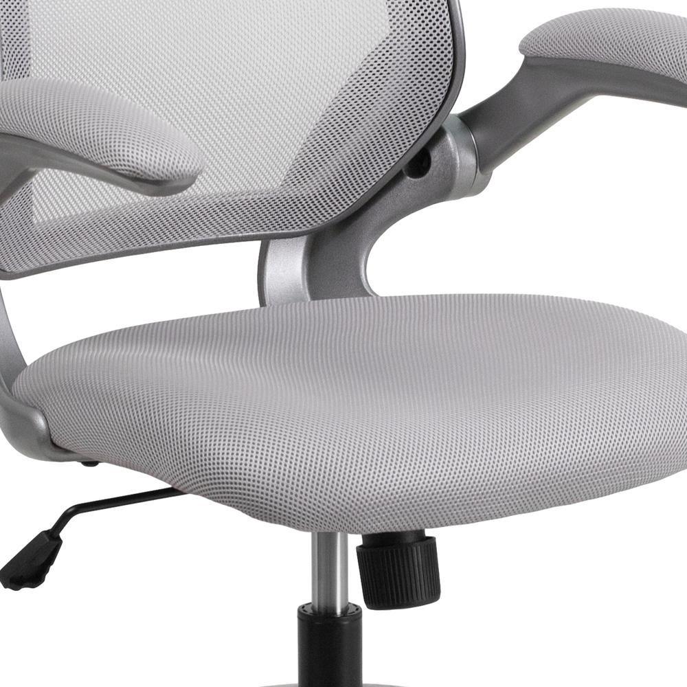 Mid-Back Gray Mesh Swivel Ergonomic Task Office Chair with Gray Frame and Flip-Up Arms. Picture 7