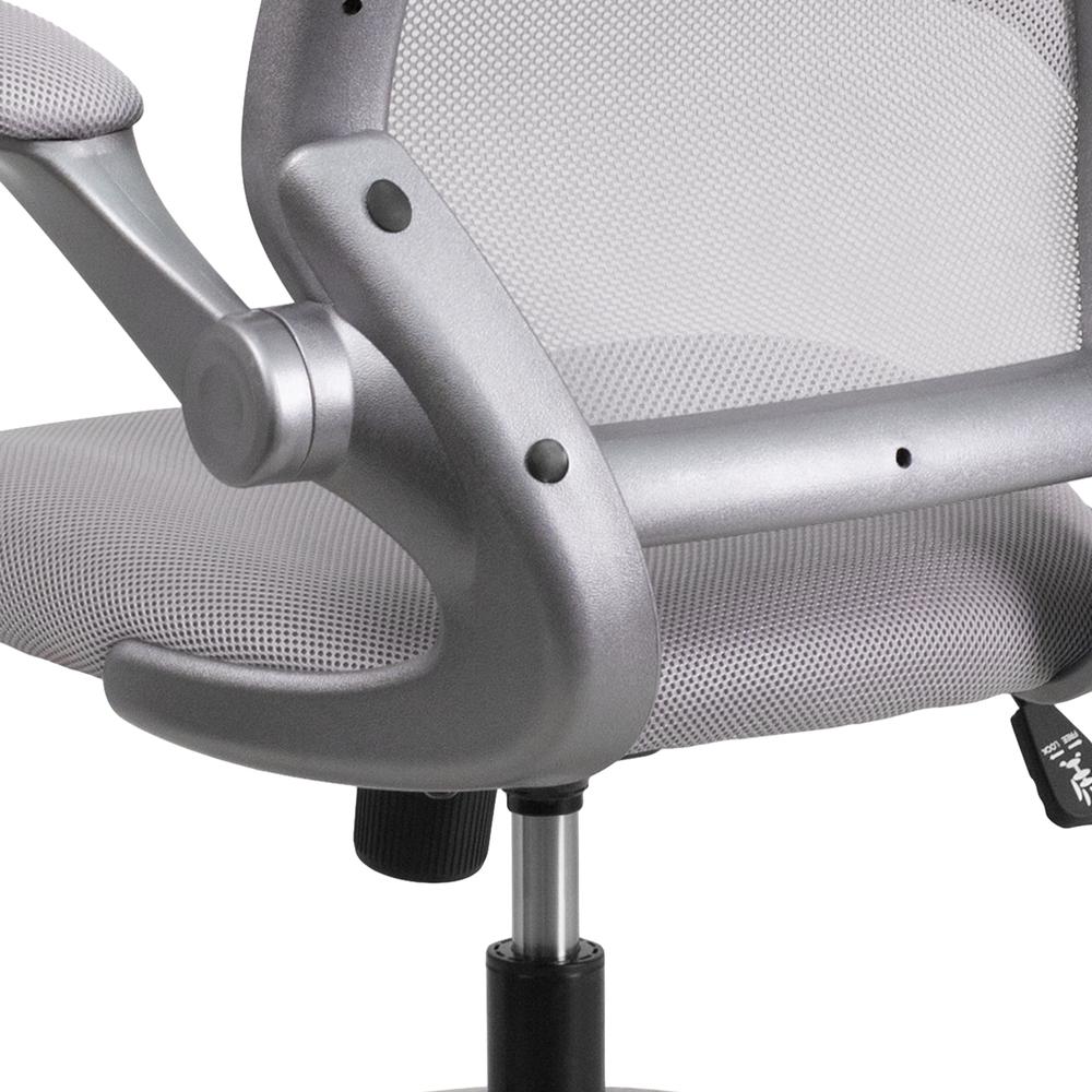 Mid-Back Gray Mesh Swivel Ergonomic Task Office Chair with Gray Frame and Flip-Up Arms. Picture 8