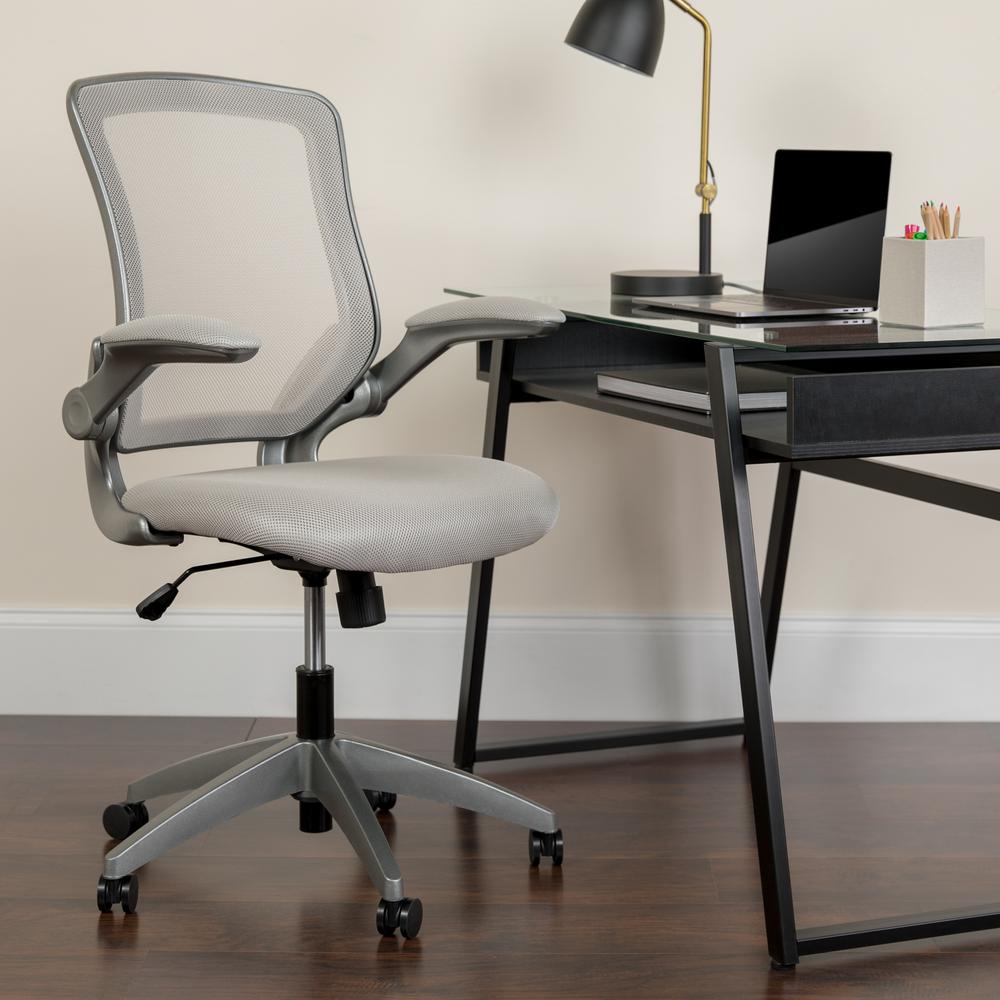 Mid-Back Gray Mesh Swivel Ergonomic Task Office Chair with Gray Frame and Flip-Up Arms. Picture 9