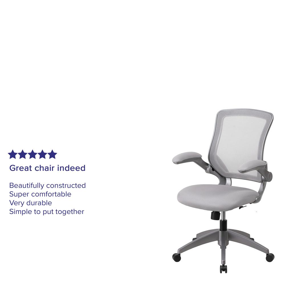 Mid-Back Gray Mesh Swivel Ergonomic Task Office Chair with Gray Frame and Flip-Up Arms. Picture 10