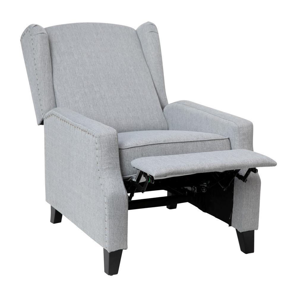 Prescott Traditional Style Slim Push Back Recliner Chair-Wingback Recliner with Gray Polyester Fabric Upholstery-Accent Nail Trim. Picture 7
