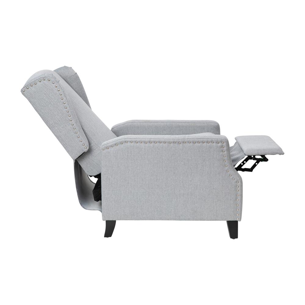 Prescott Traditional Style Slim Push Back Recliner Chair-Wingback Recliner with Gray Polyester Fabric Upholstery-Accent Nail Trim. Picture 10