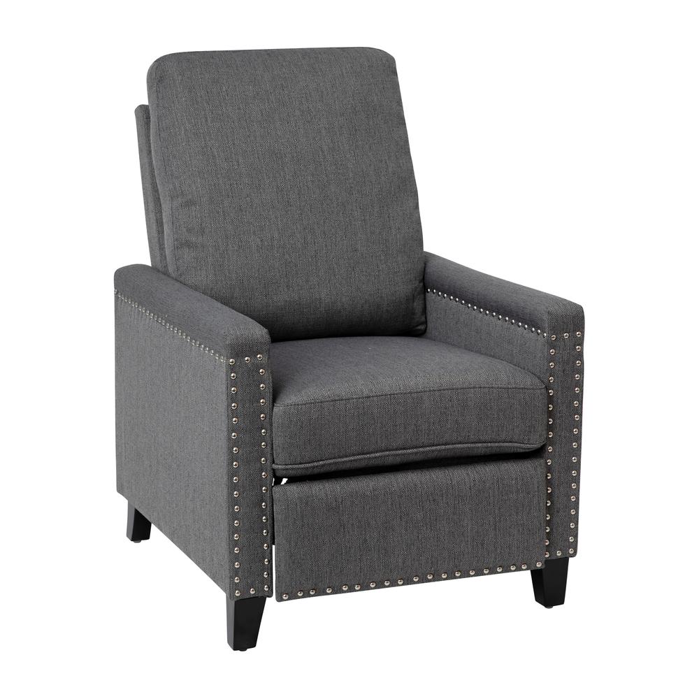 Carson Transitional Style Push Back Recliner Chair - Pillow Back Recliner - Gray Fabric Upholstery - Accent Nail Trim. Picture 1