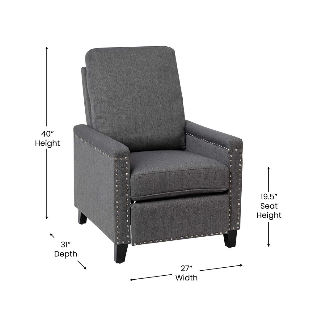 Carson Transitional Style Push Back Recliner Chair - Pillow Back Recliner - Gray Fabric Upholstery - Accent Nail Trim. Picture 5