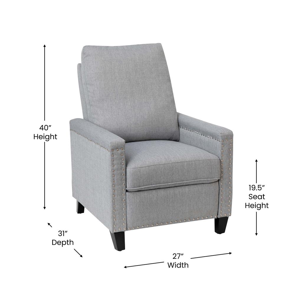 Push Back Recliner Chair - Pillow Back Recliner - Light Gray Fabric Upholstery. Picture 5