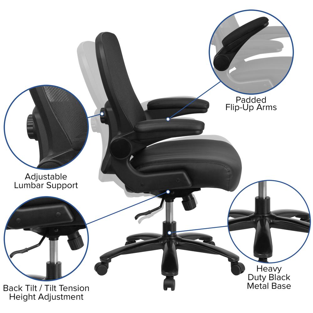 Big & Tall 500 lb. Rated Black Mesh/LeatherSoft Executive Ergonomic Office Chair with Adjustable Lumbar. Picture 6