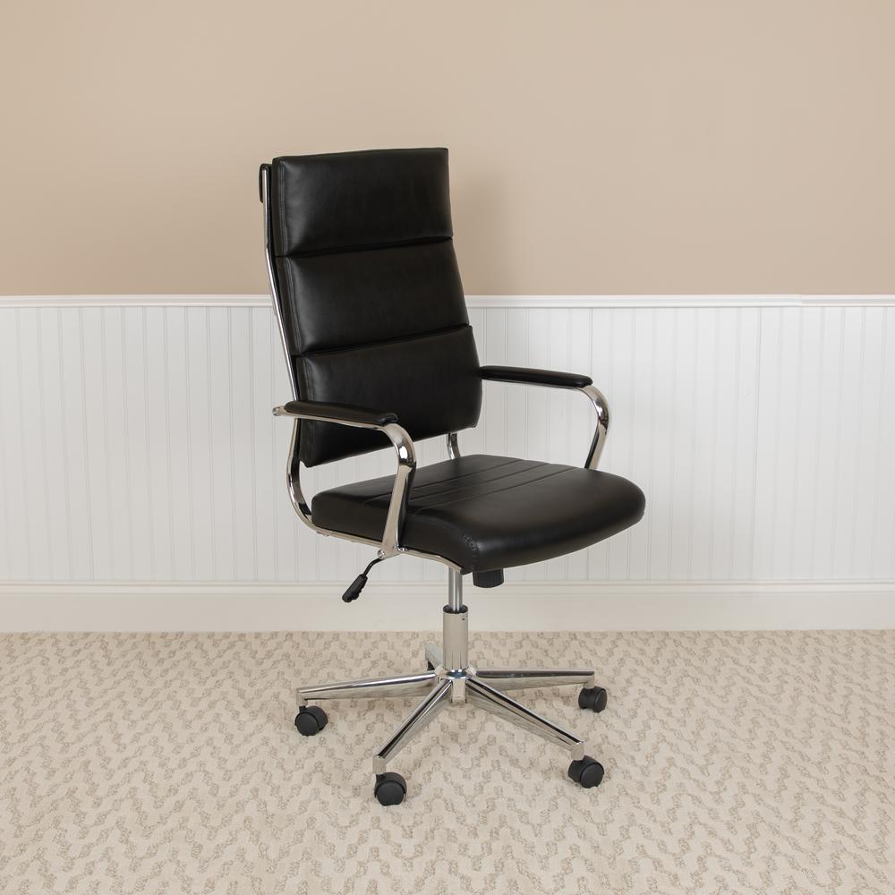 High Back Black LeatherSoft Contemporary Panel Executive Swivel Office Chair. Picture 11