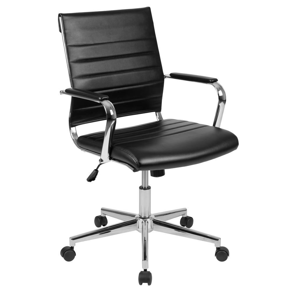 Mid-Back Black LeatherSoft Contemporary Ribbed Executive Swivel Office Chair. The main picture.