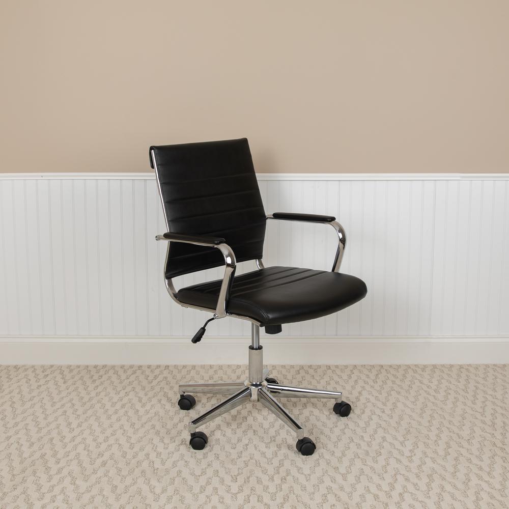 Mid-Back Black LeatherSoft Contemporary Ribbed Executive Swivel Office Chair. Picture 11