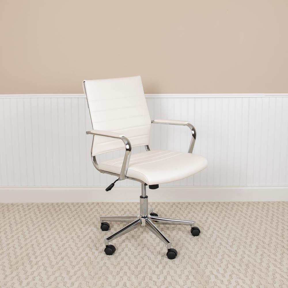 Mid-Back White LeatherSoft Contemporary Ribbed Executive Swivel Office Chair. Picture 11