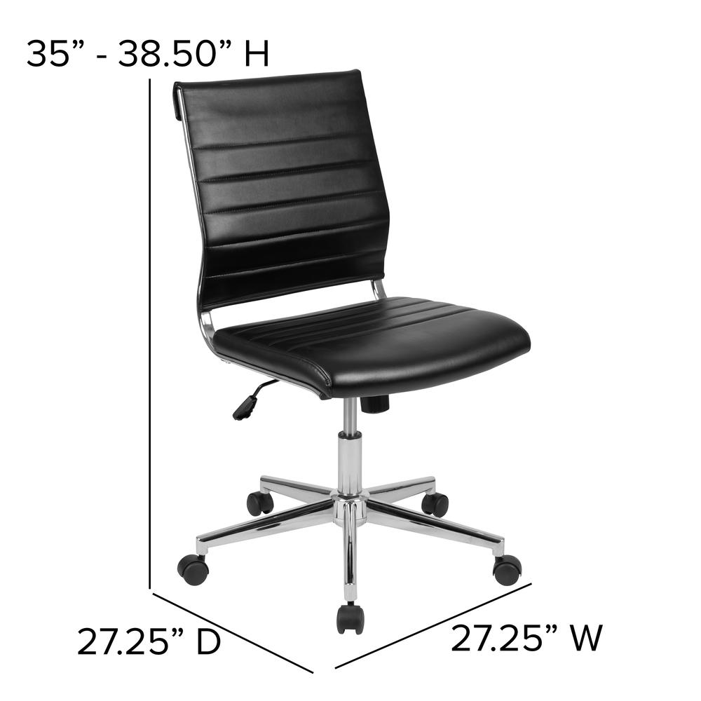 Mid-Back Armless Black LeatherSoft Contemporary Ribbed Executive Swivel Office Chair. Picture 2