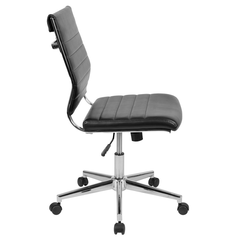 Mid-Back Armless Black LeatherSoft Contemporary Ribbed Executive Swivel Office Chair. Picture 3