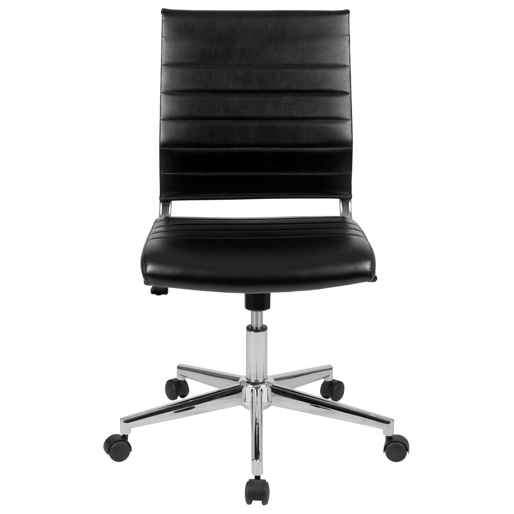 Mid-Back Armless Black LeatherSoft Contemporary Ribbed Executive Swivel Office Chair. Picture 5