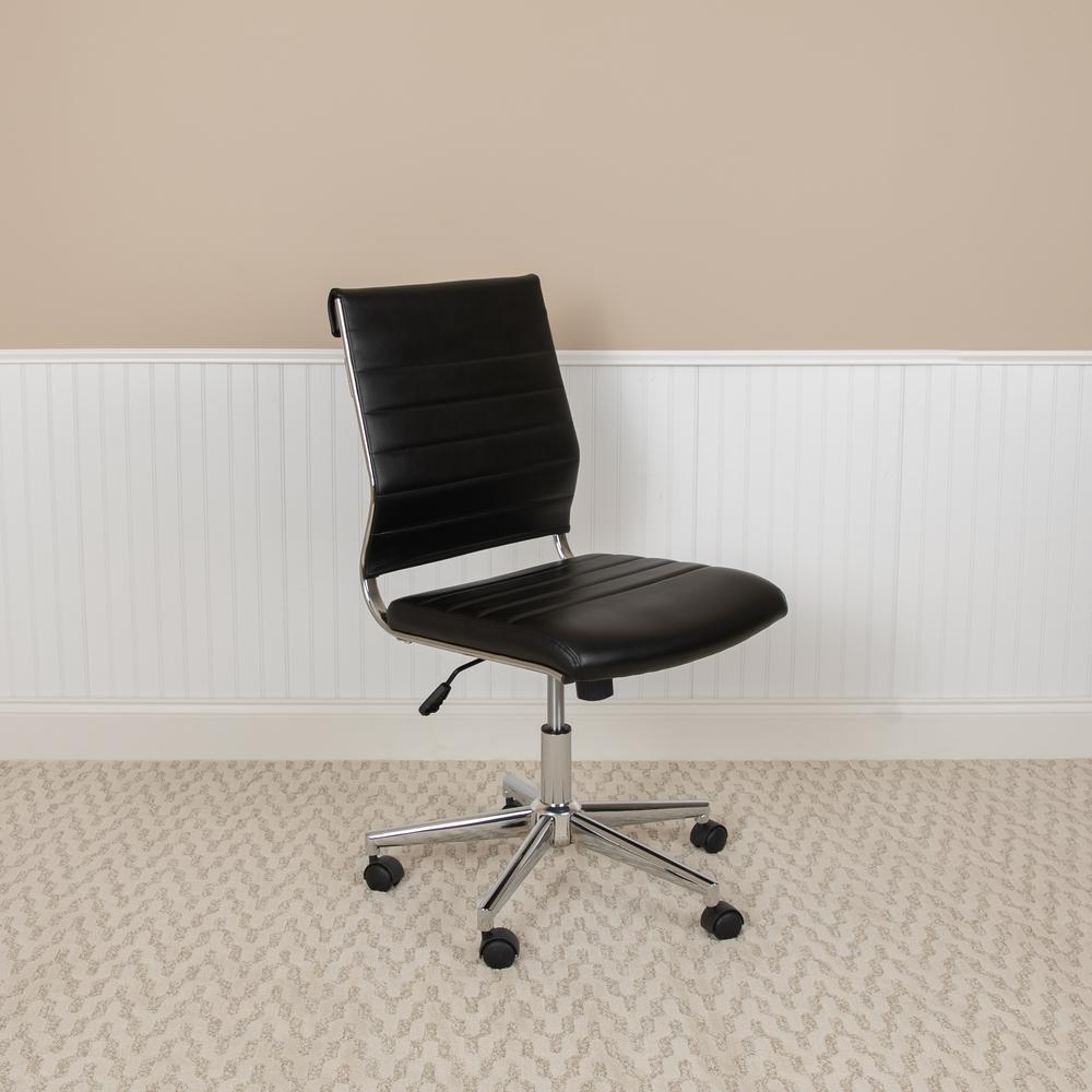 Mid-Back Armless Black LeatherSoft Contemporary Ribbed Executive Swivel Office Chair. Picture 11