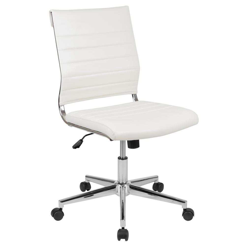 Mid-Back Armless White LeatherSoft Contemporary Ribbed Executive Swivel Office Chair. Picture 1