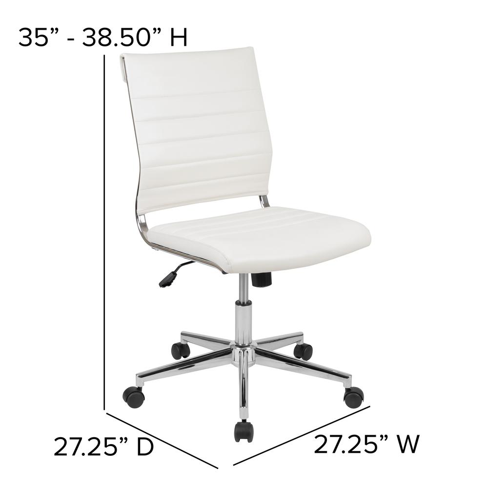 Mid-Back Armless White LeatherSoft Contemporary Ribbed Executive Swivel Office Chair. Picture 2