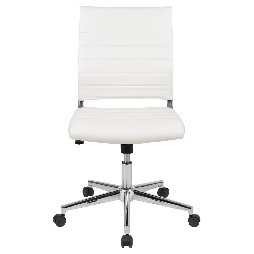 Mid-Back Armless White LeatherSoft Contemporary Ribbed Executive Swivel Office Chair. Picture 5
