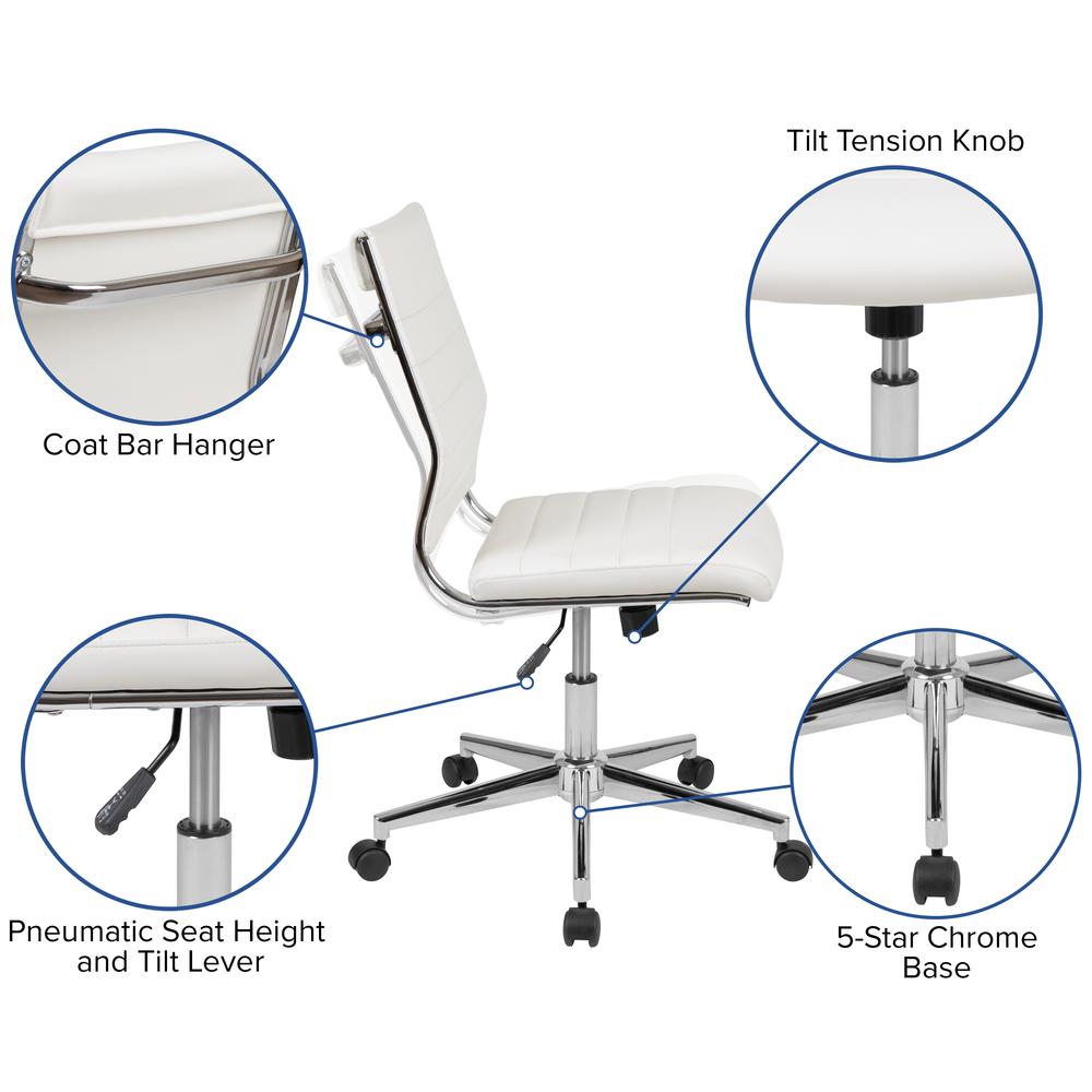 Mid-Back Armless White LeatherSoft Contemporary Ribbed Executive Swivel Office Chair. Picture 6