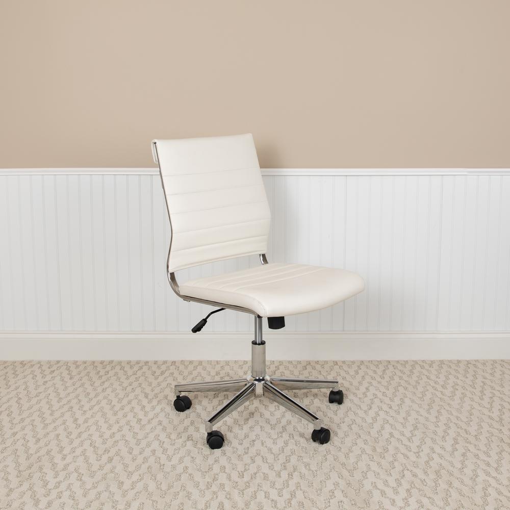 Mid-Back Armless White LeatherSoft Contemporary Ribbed Executive Swivel Office Chair. Picture 11