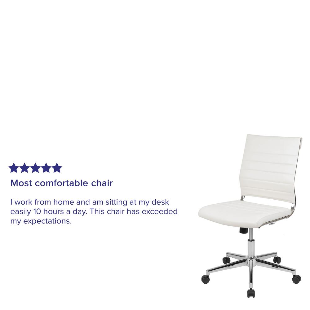 Mid-Back Armless White LeatherSoft Contemporary Ribbed Executive Swivel Office Chair. Picture 12