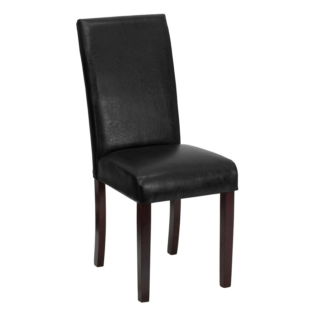 Traditional Black LeatherSoft Upholstered Panel Back Parsons Dining Chair. Picture 1