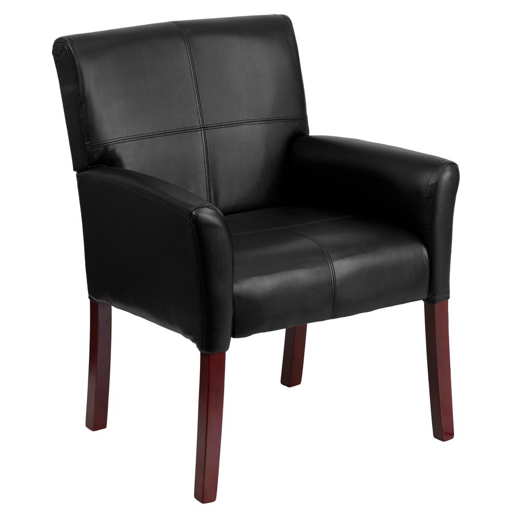 Black LeatherSoft Executive Side Reception Chair with Mahogany Legs. Picture 1