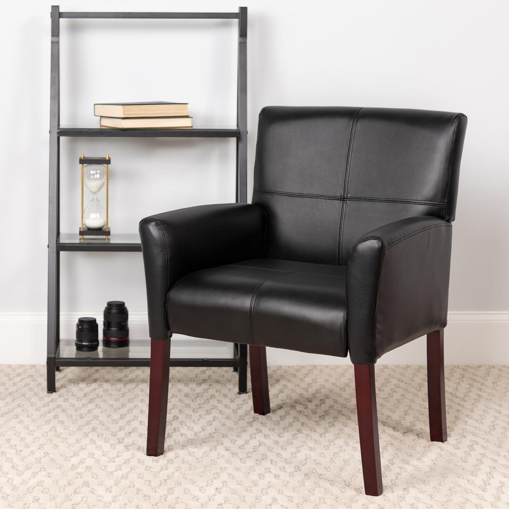 Black LeatherSoft Executive Side Reception Chair with Mahogany Legs. Picture 9