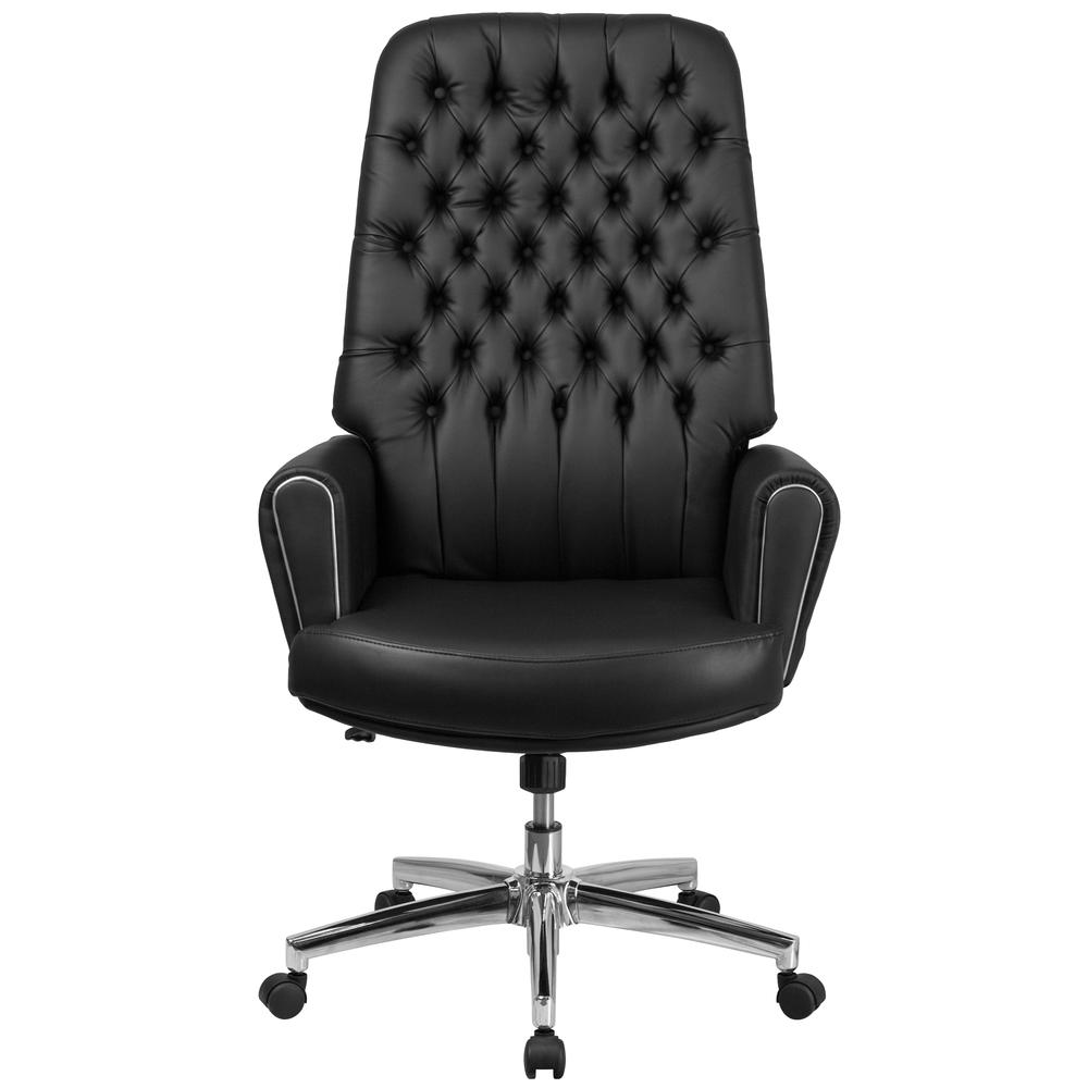 High Back Traditional Tufted Black LeatherSoft Executive Swivel Office Chair with Silver Welt Arms. Picture 4