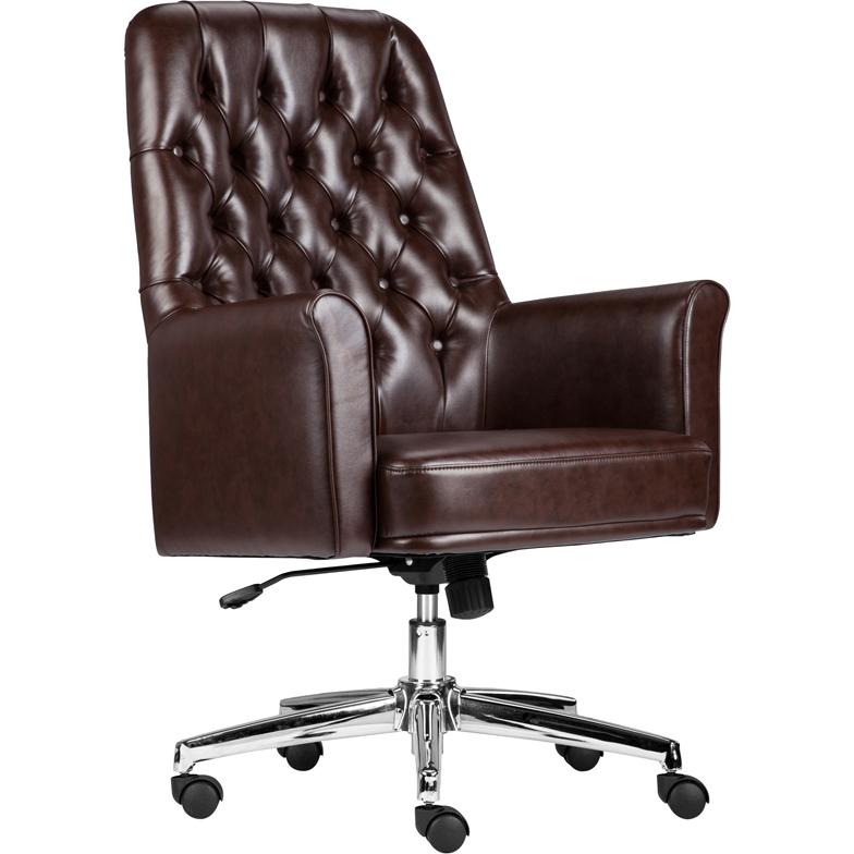 Mid-Back Traditional Tufted Brown Leather Executive Swivel Chair with Arms