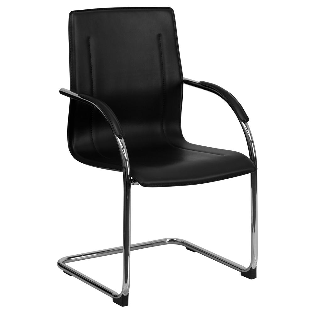 Black Vinyl Side Reception Chair with Chrome Sled Base. Picture 1