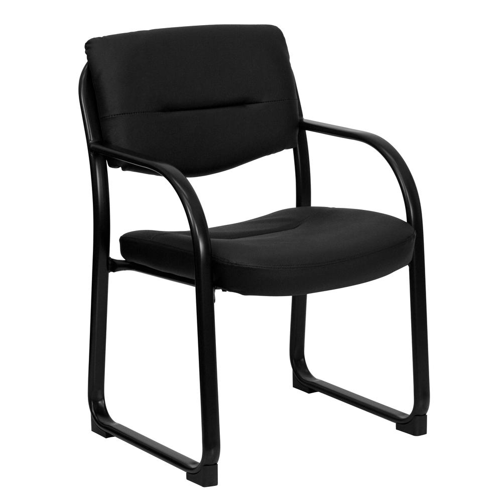 Black LeatherSoft Executive Side Reception Chair with Sled Base. Picture 1