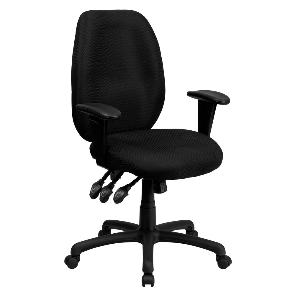 High Back Black Fabric Multifunction Ergonomic Executive Swivel Office Chair with Adjustable Arms. Picture 1