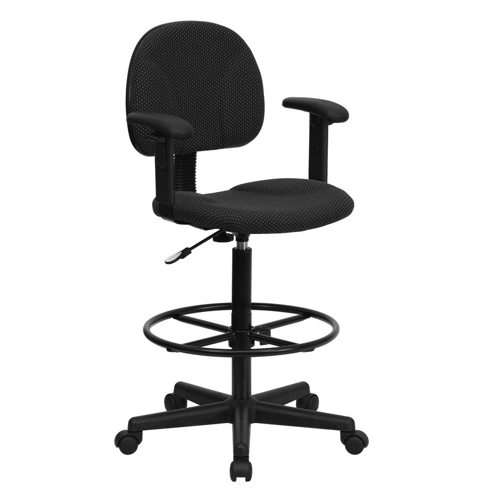 Black Patterned Fabric Drafting Chair with Adjustable Arms (Cylinders: 22.5''-27''H or 26''-30.5''H). The main picture.