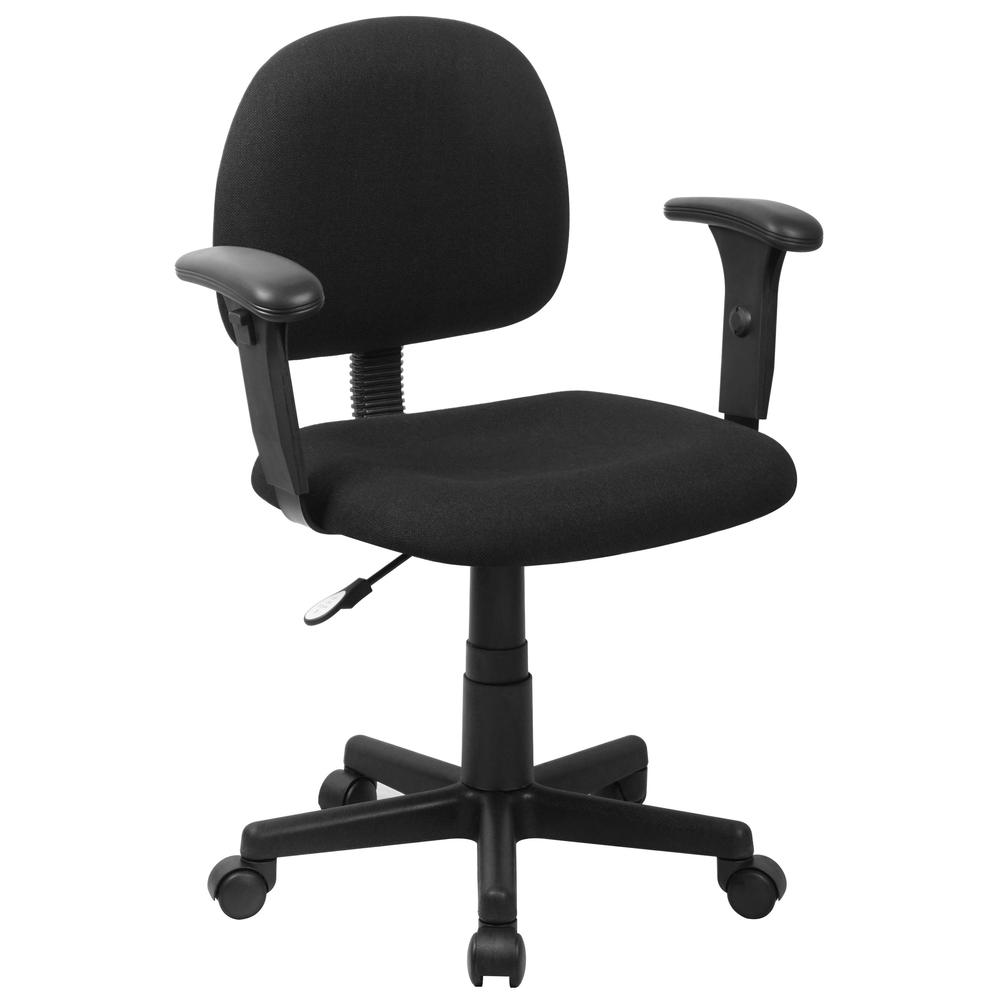 Mid-Back Black Fabric Swivel Task Office Chair with Adjustable Arms. Picture 1