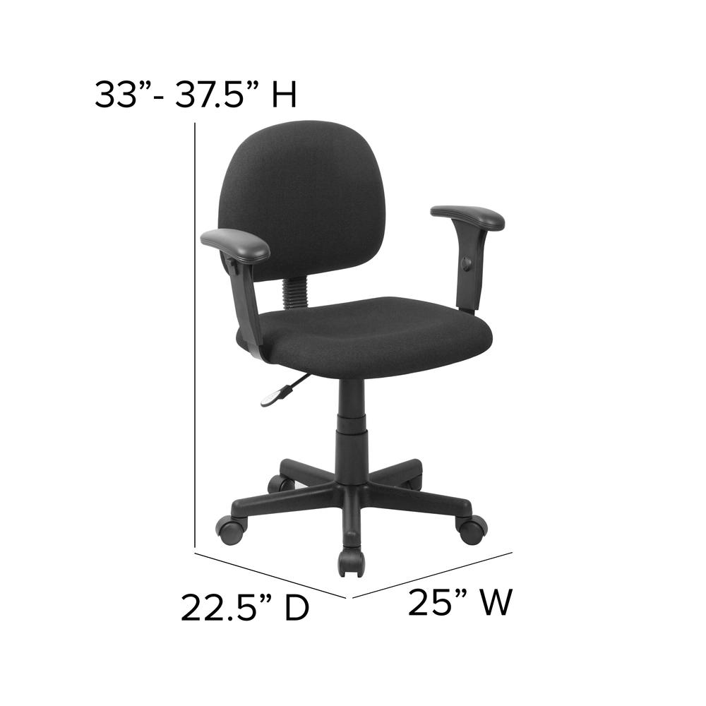 Mid-Back Black Fabric Swivel Task Office Chair with Adjustable Arms. Picture 2