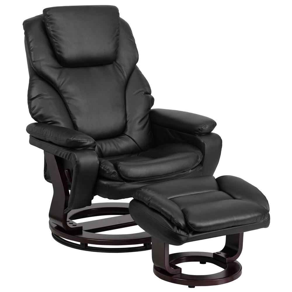 Contemporary Multi-Position Recliner and Ottoman with Swivel Mahogany Wood Base in Black LeatherSoft. Picture 1